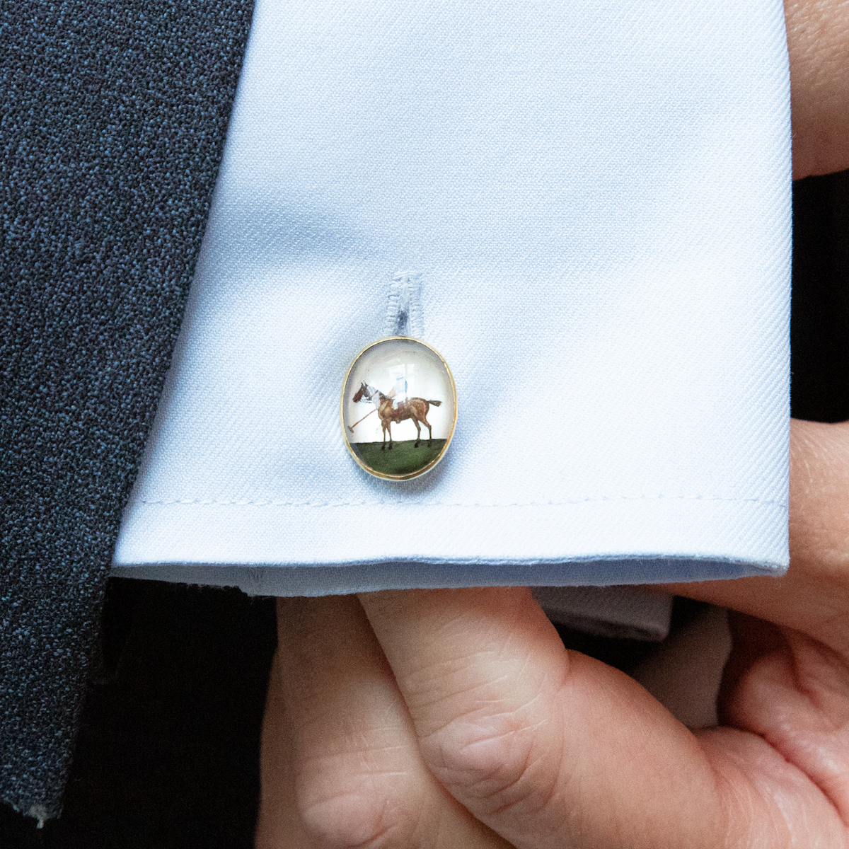 18ct Yellow Gold Essex Crystal Polo Player And Horse Cufflinks