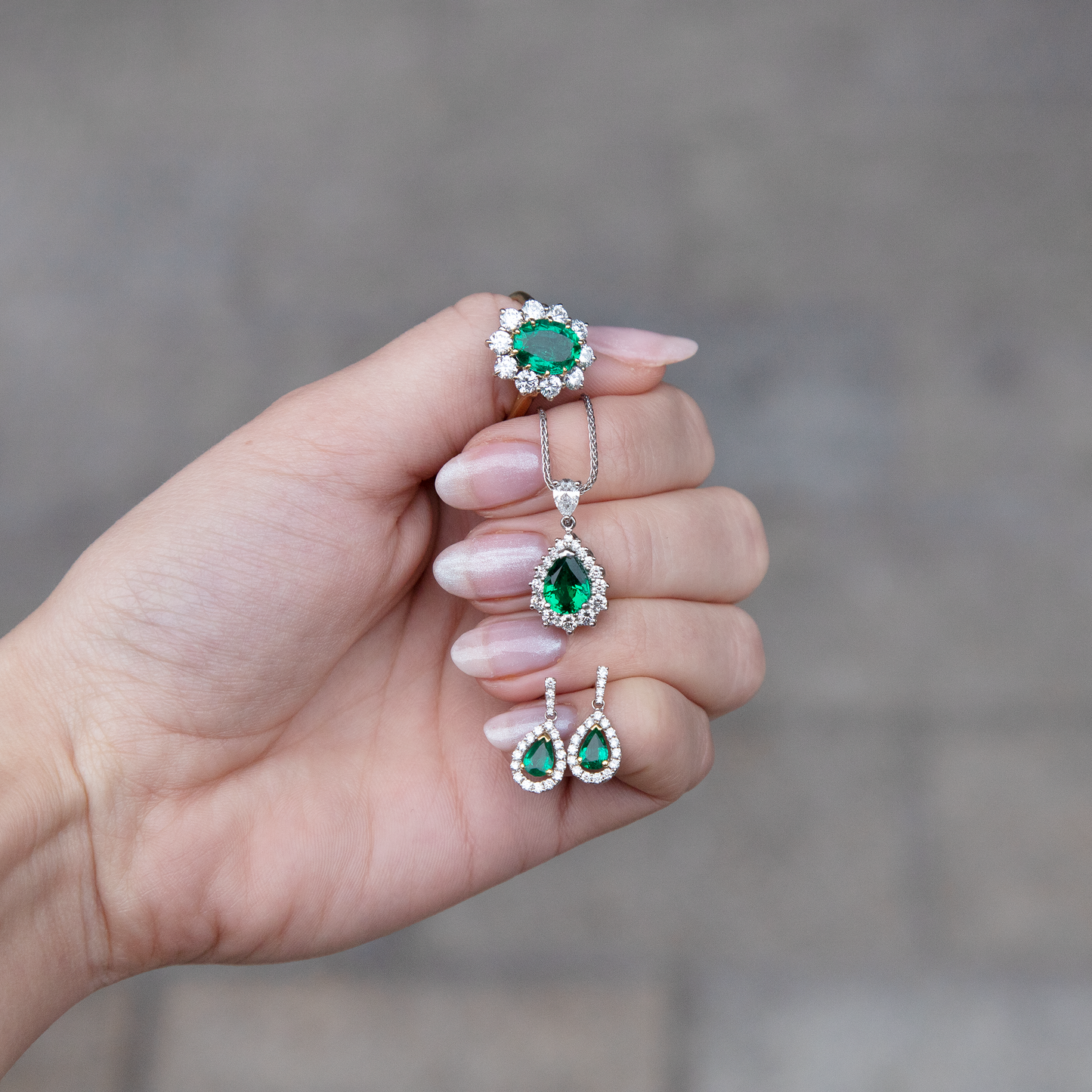 Pear Cut Emerald and Diamond Cluster Drop Earrings