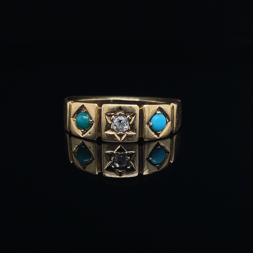 Cabochon Turquoise And Old Cut Diamond Three Stone Ring