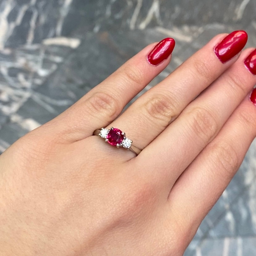 1.13ct Cushion Ruby and Round Diamond Three Stone Ring