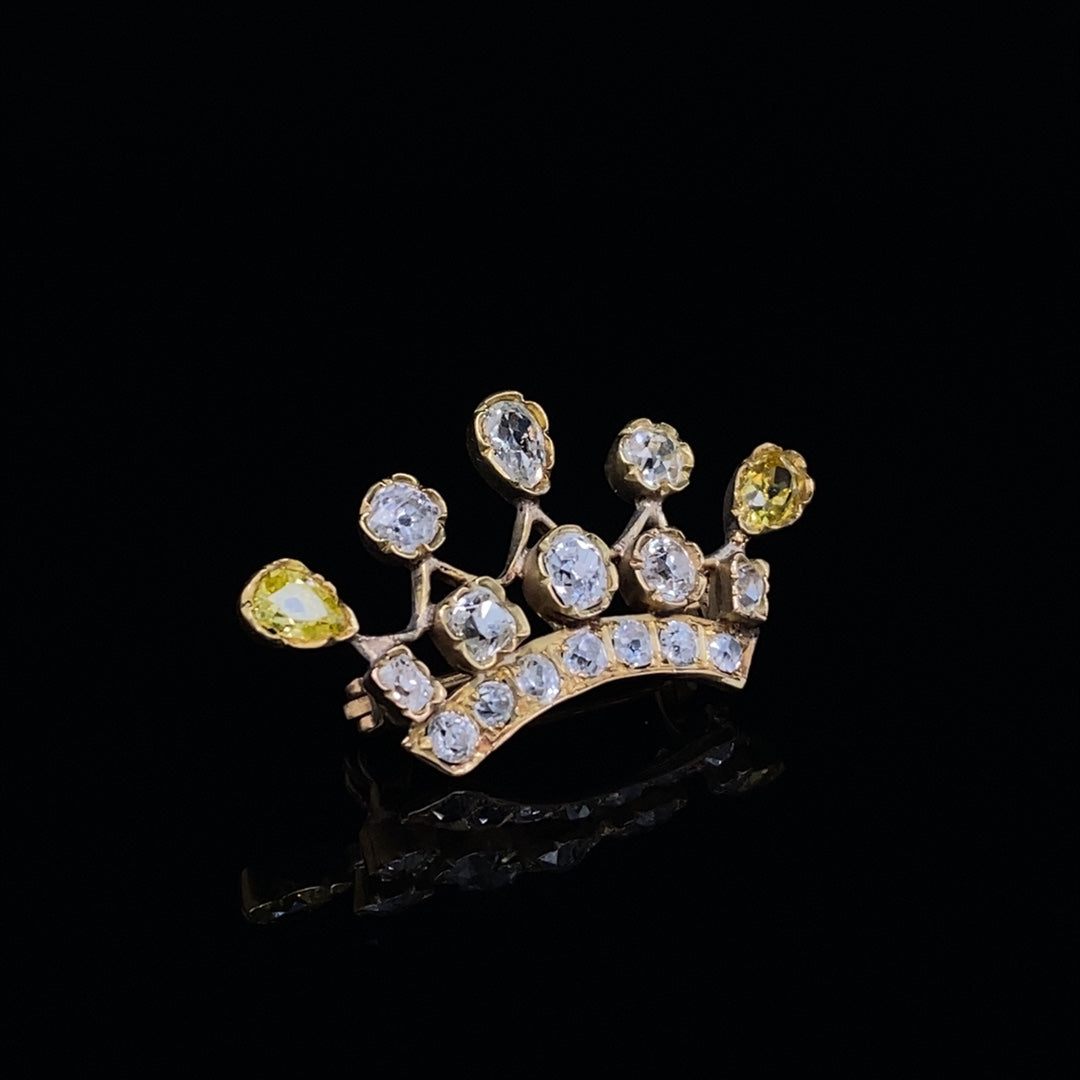 Yellow And White Diamond Set Crown Brooch