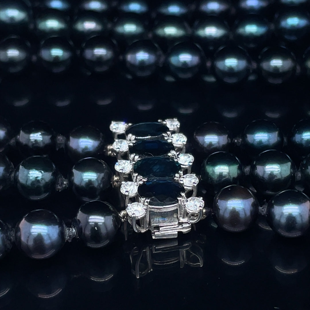 Three Row Black Pearl Sapphire and Diamond Necklace