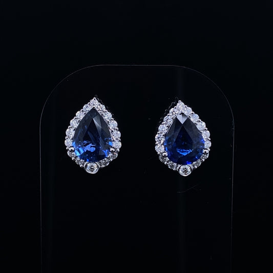 2.27ct Pear Sapphire And Diamond Cluster Stud Earrings