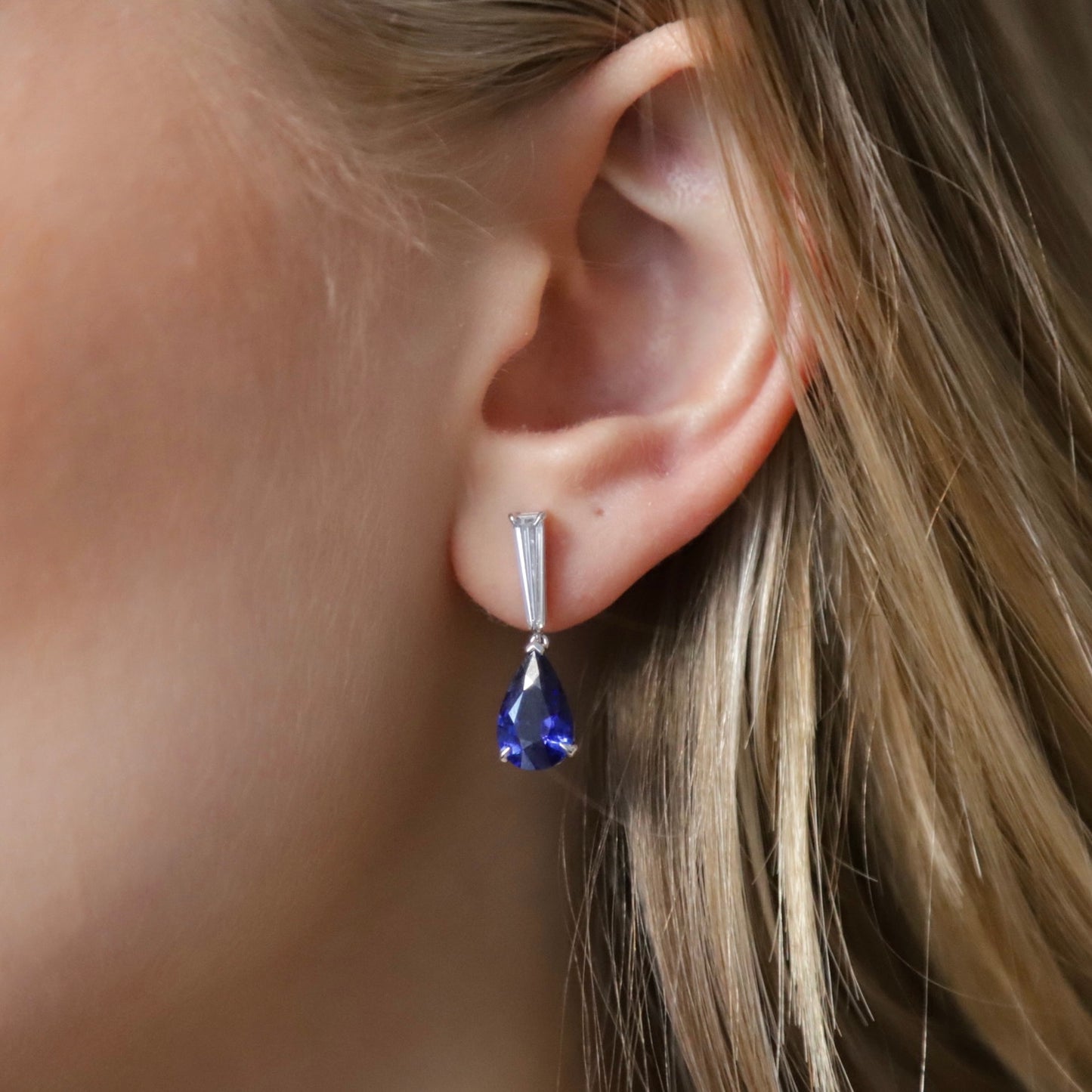 4.68ct Pear Cut Sapphire and Tapered Baguette Cut Diamond Drop Earrings