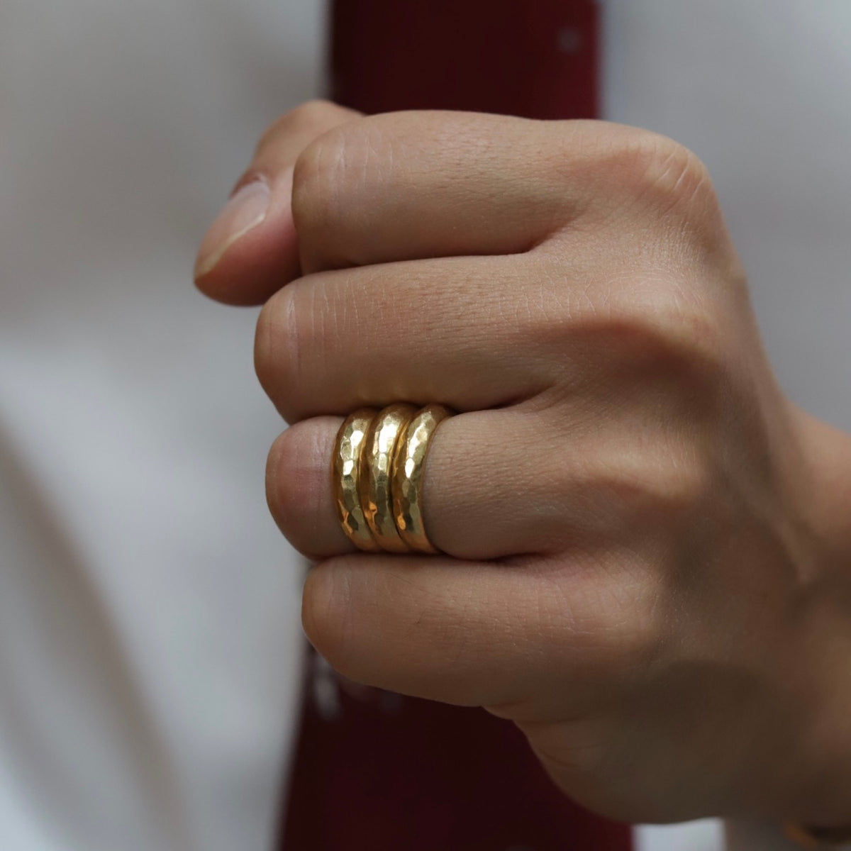 Yellow Gold Hammered Three Row Ring