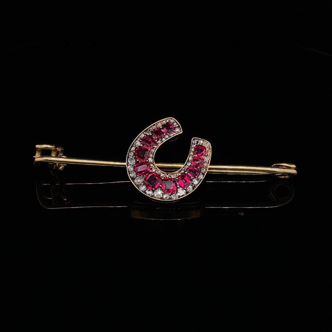 Ruby and Diamond Horseshoe Bar Brooch