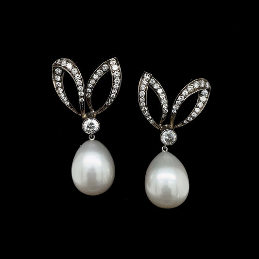 Pear Shape Pearl and Diamond Set Bow Drop Earrings