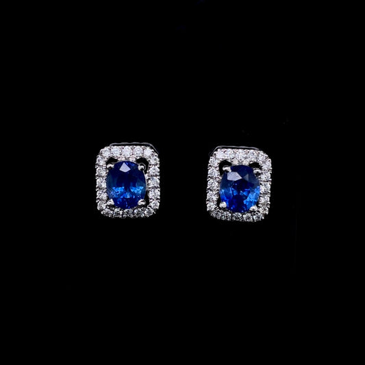 2.17ct Oval Sapphire and Round Diamond Halo Cluster Earrings