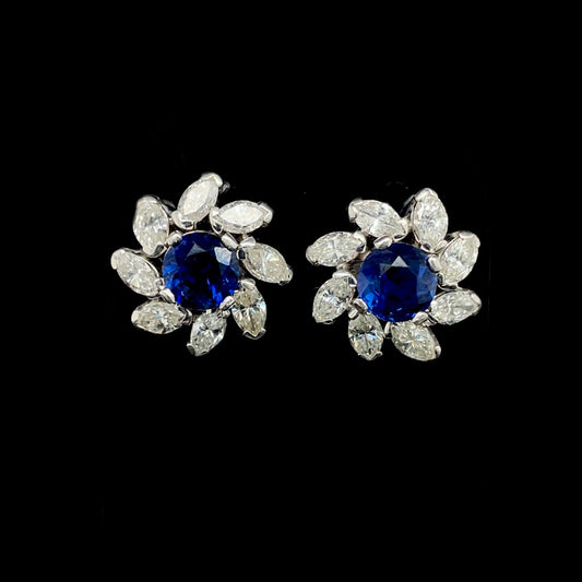 1.14ct Round Sapphire and Marquise Diamond Cluster Earrings