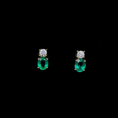 Oval Cut Emerald and Round Diamond Earrings