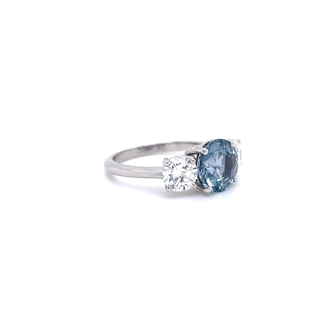 3.10ct Round Aquamarine Sapphire And Diamond Three Stone Ring