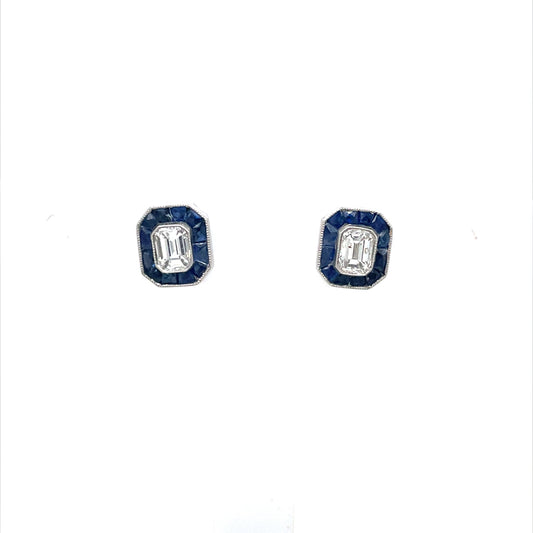 0.50ct Emerald Cut Diamond And Calibre Sapphire Cluster Earrings