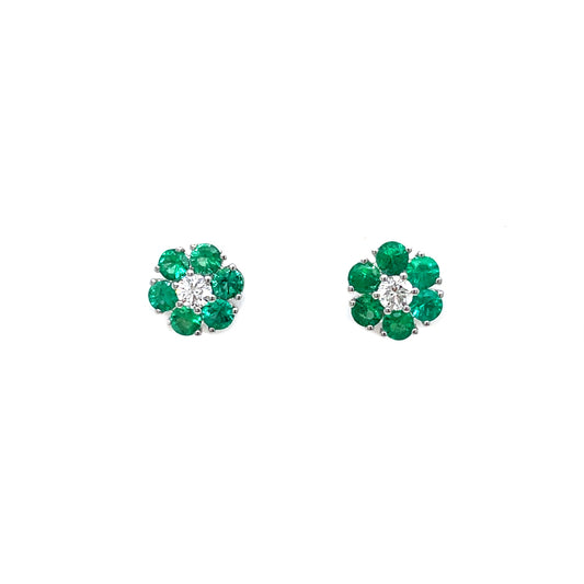 0.68ct Round Emerald and Diamond Flower Cluster Earrings