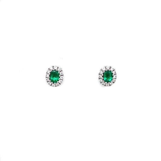 18ct White Gold 0.64ct Oval Cut Emerald And Diamond Cluster Earrings