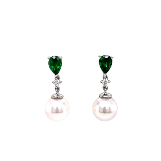 Pearl, Tsavorite Garnet And Diamond Drop Earrings