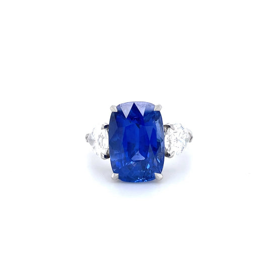 8.56ct Cushion Sapphire And Pear Cut Diamond Three Stone Ring