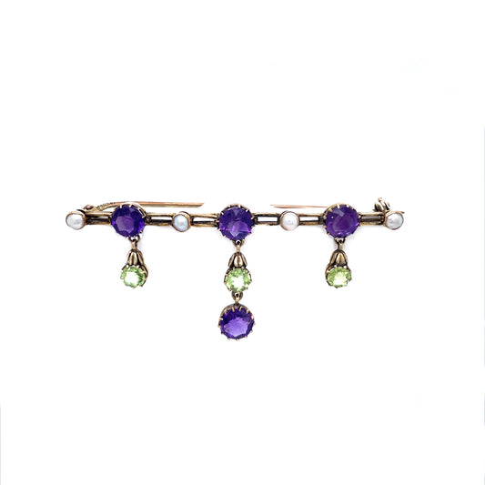 Amethyst, Peridot And Pearl Suffragette Brooch