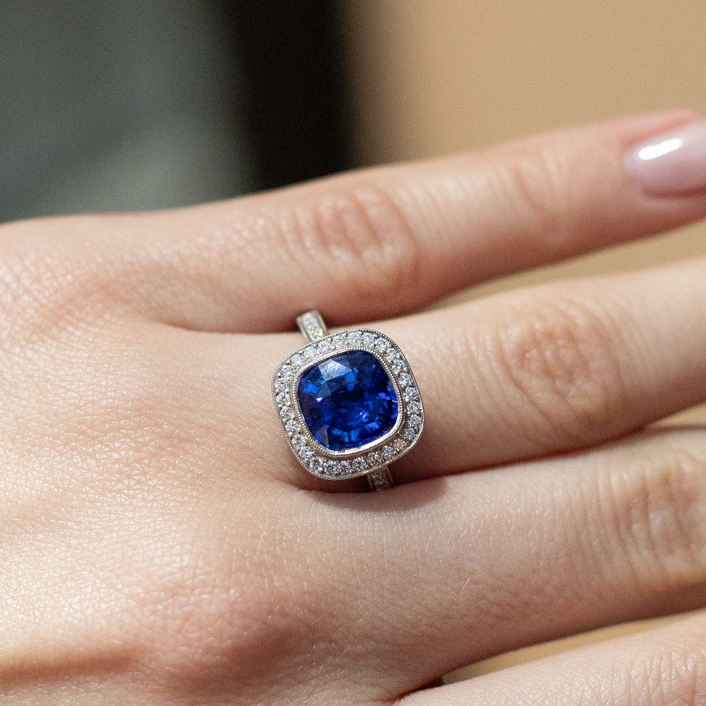 3.28ct Cushion Sapphire and Diamond Cluster Ring