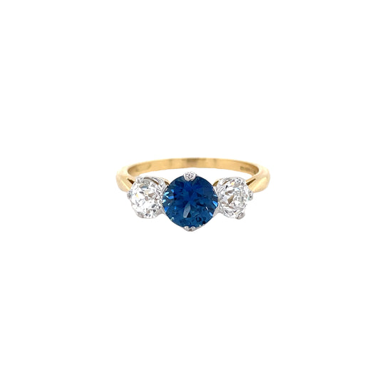 1.57ct Round Sapphire And Old Cut Diamond Three Stone Ring