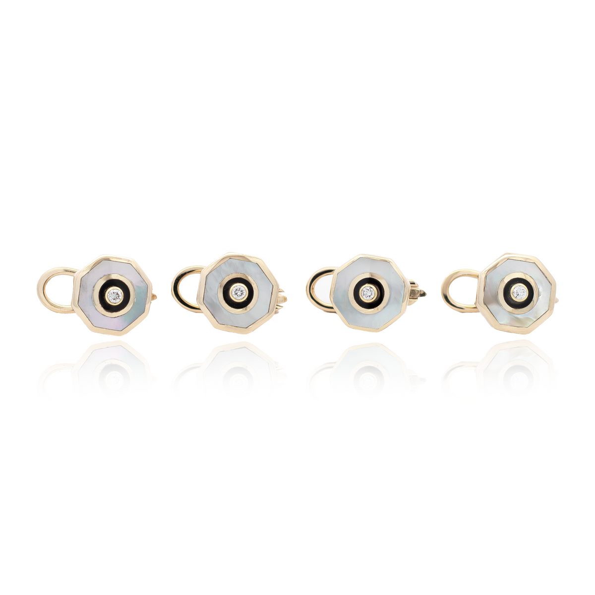 Octagonal Mother of Pearl, Onyx and Diamond Dress Studs | Yellow Gold