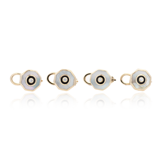 Octagonal Mother of Pearl, Onyx and Diamond Dress Studs | Yellow Gold