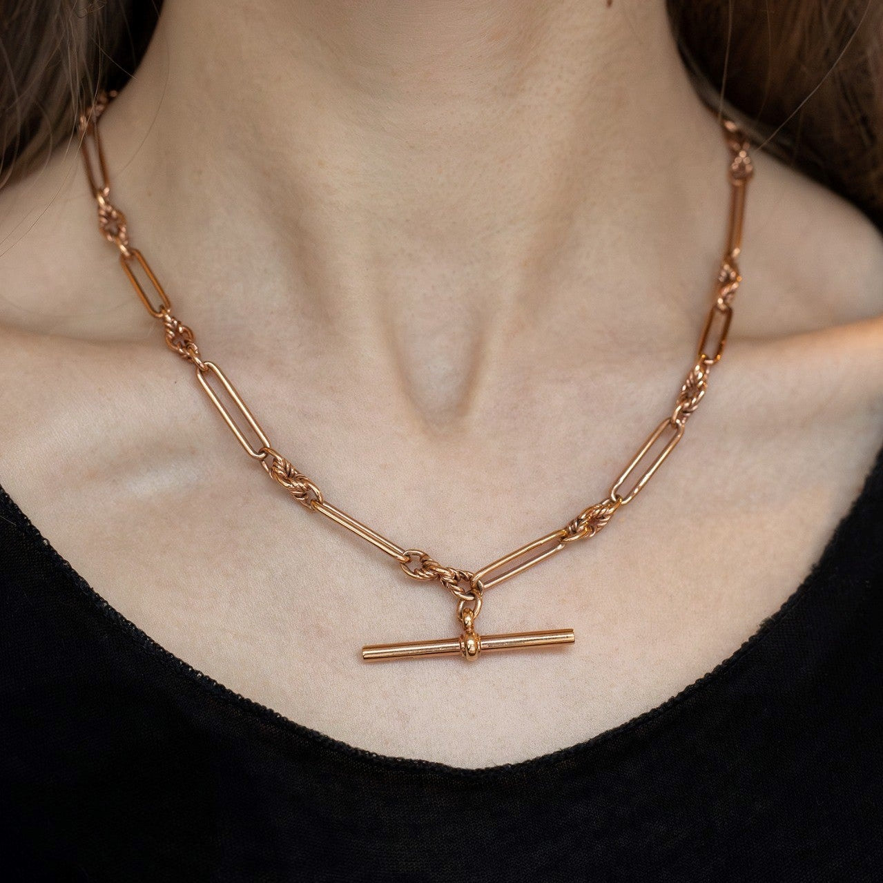 Rose Gold Trombone Link Albert Chain With T-Bar