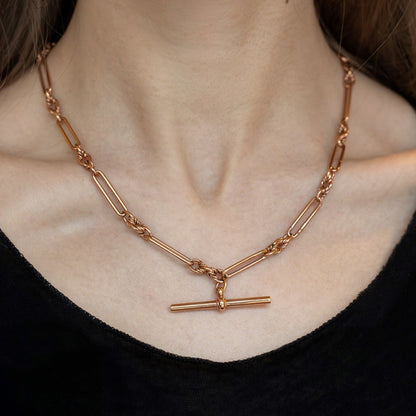 Rose Gold Trombone Link Albert Chain With T-Bar