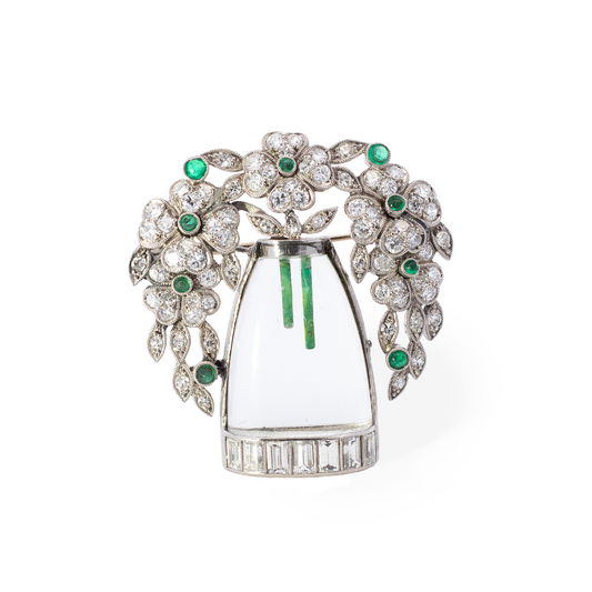 Art Deco Crystal, Emerald And Diamond Flowers In A Vase Brooch