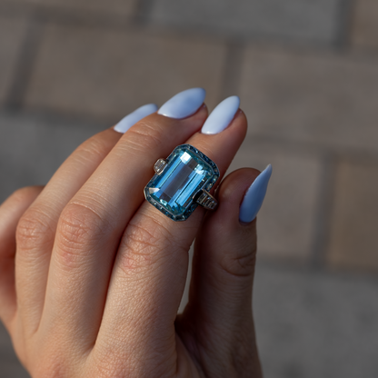Vintage Emerald Cut Aquamarine And Sapphire Cluster Ring