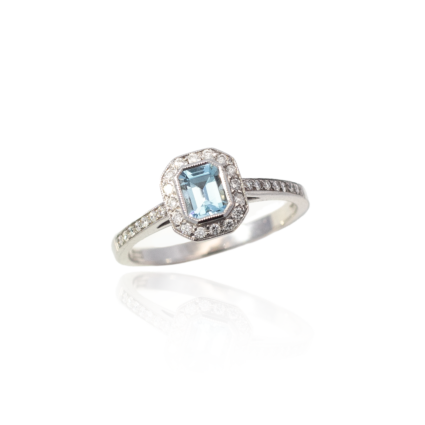 0.39ct Emerald Cut Aquamarine and Diamond Art Deco Style Ring