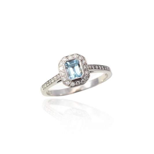 0.39ct Emerald Cut Aquamarine and Diamond Art Deco Style Ring