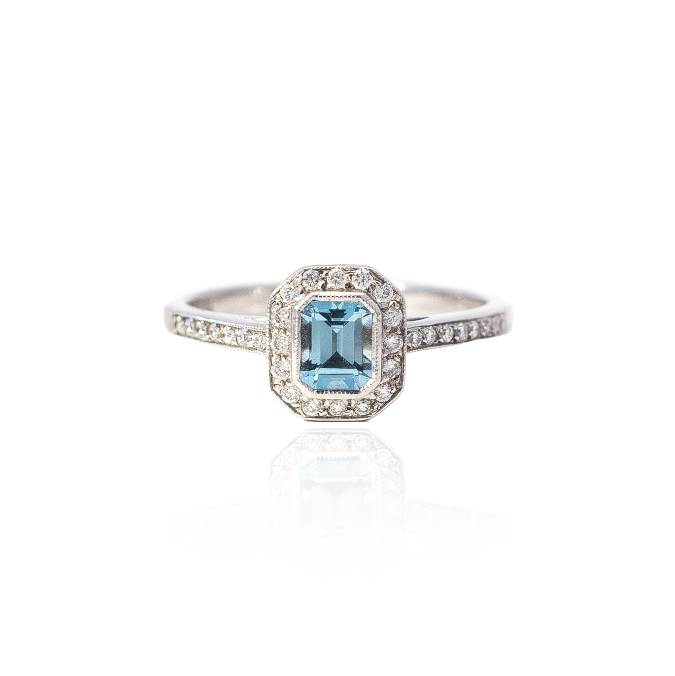 0.39ct Emerald Cut Aquamarine and Diamond Art Deco Style Ring