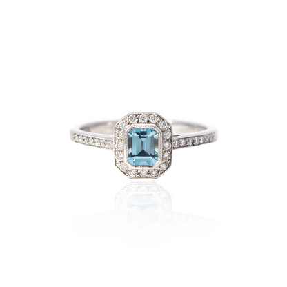 0.39ct Emerald Cut Aquamarine and Diamond Art Deco Style Ring
