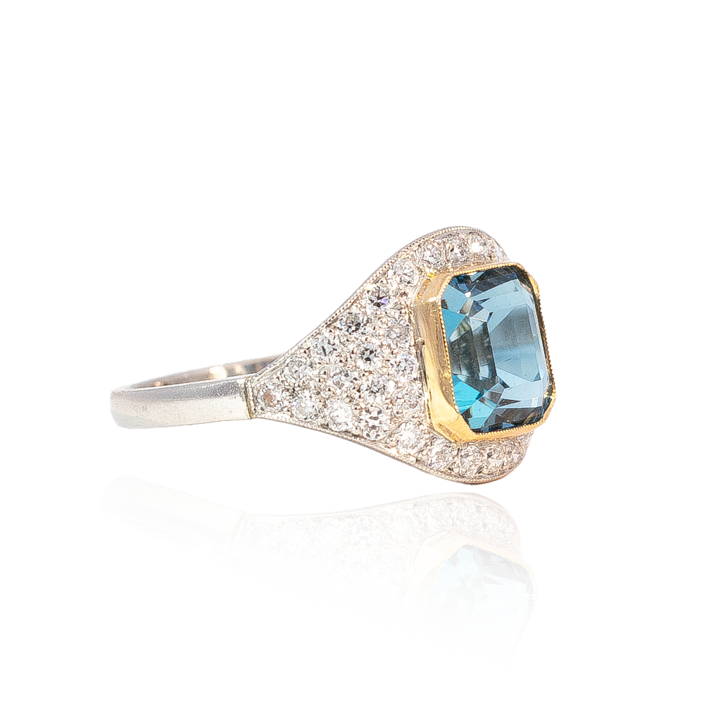 2.66ct Square Aquamarine And Pave Diamond Dress Ring