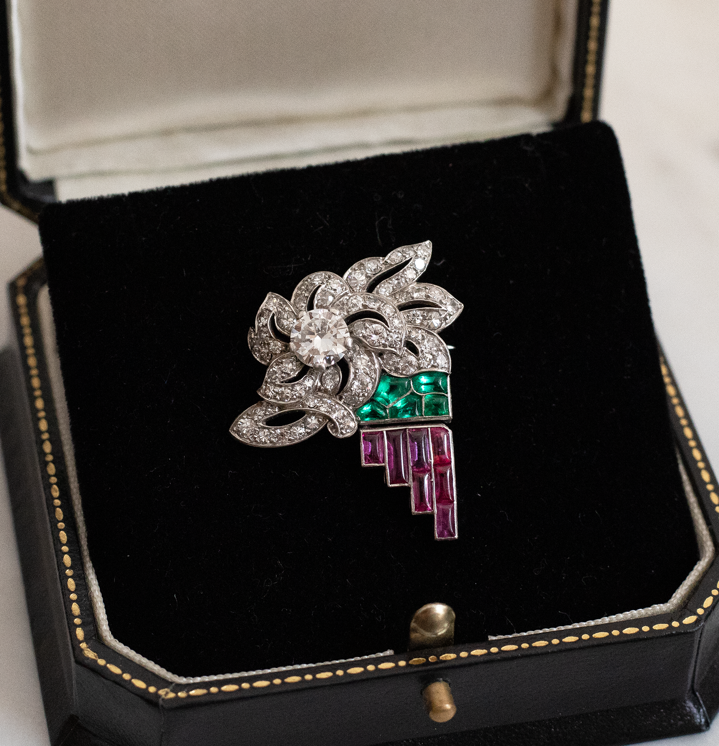 Art Deco LaCloche Emerald, Ruby and Diamond Brooch