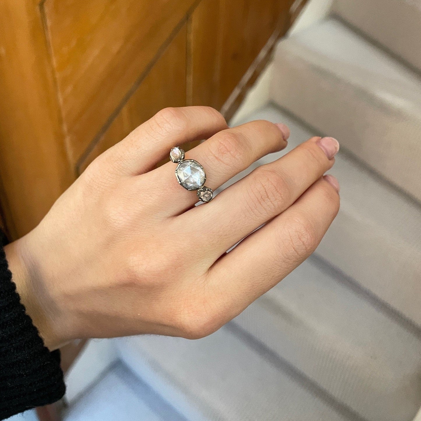 Rose Cut Diamond Three Stone Ring