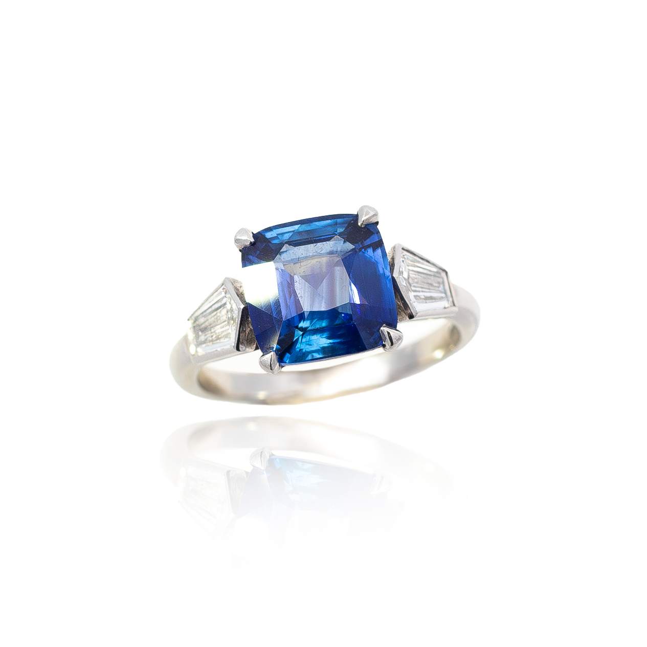 3.75ct Square Cushion Sapphire And Bullet Cut Diamond Three Stone Ring