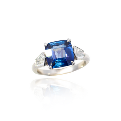 3.75ct Square Cushion Sapphire And Bullet Cut Diamond Three Stone Ring