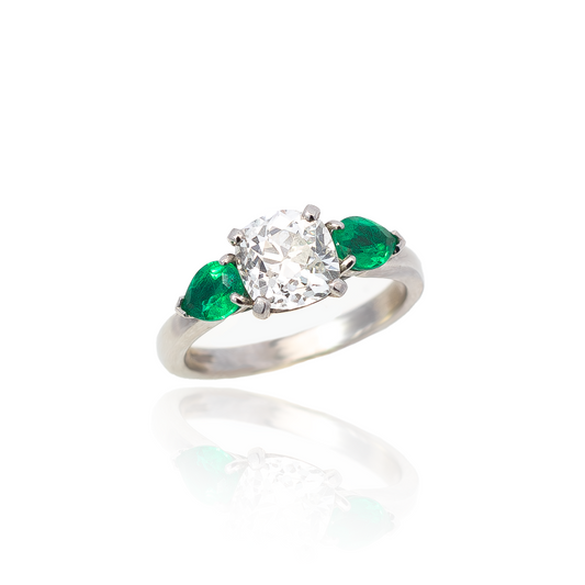 1.69ct Old Cut Emerald And Diamond Reverse Three Stone Ring