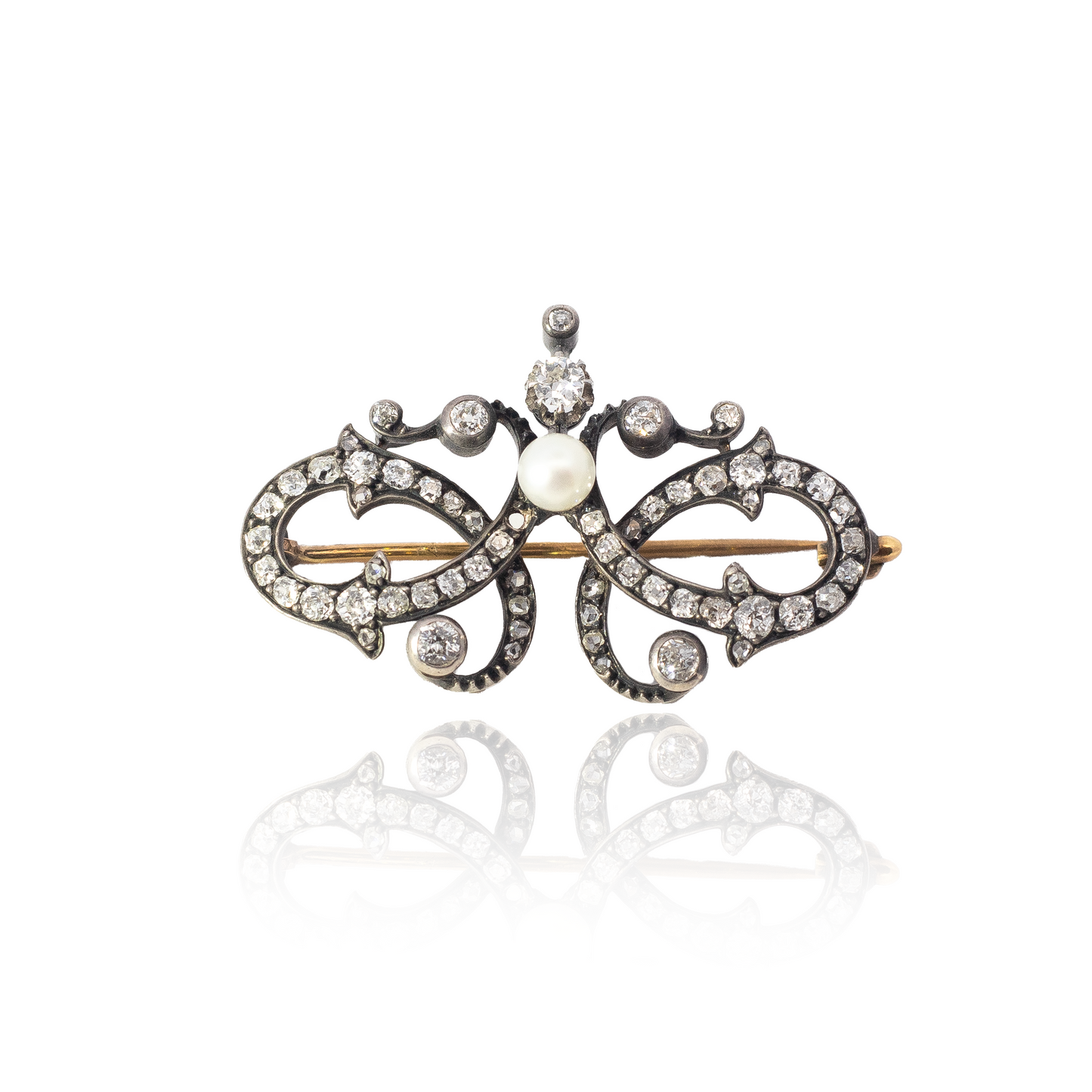 Old Cut Diamond And Pearl Double Loop Brooch