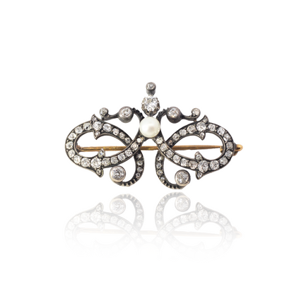 Old Cut Diamond And Pearl Double Loop Brooch