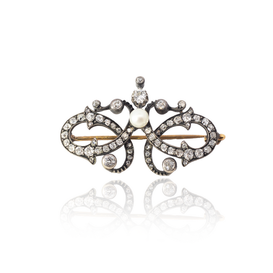 Old Cut Diamond And Pearl Double Loop Brooch