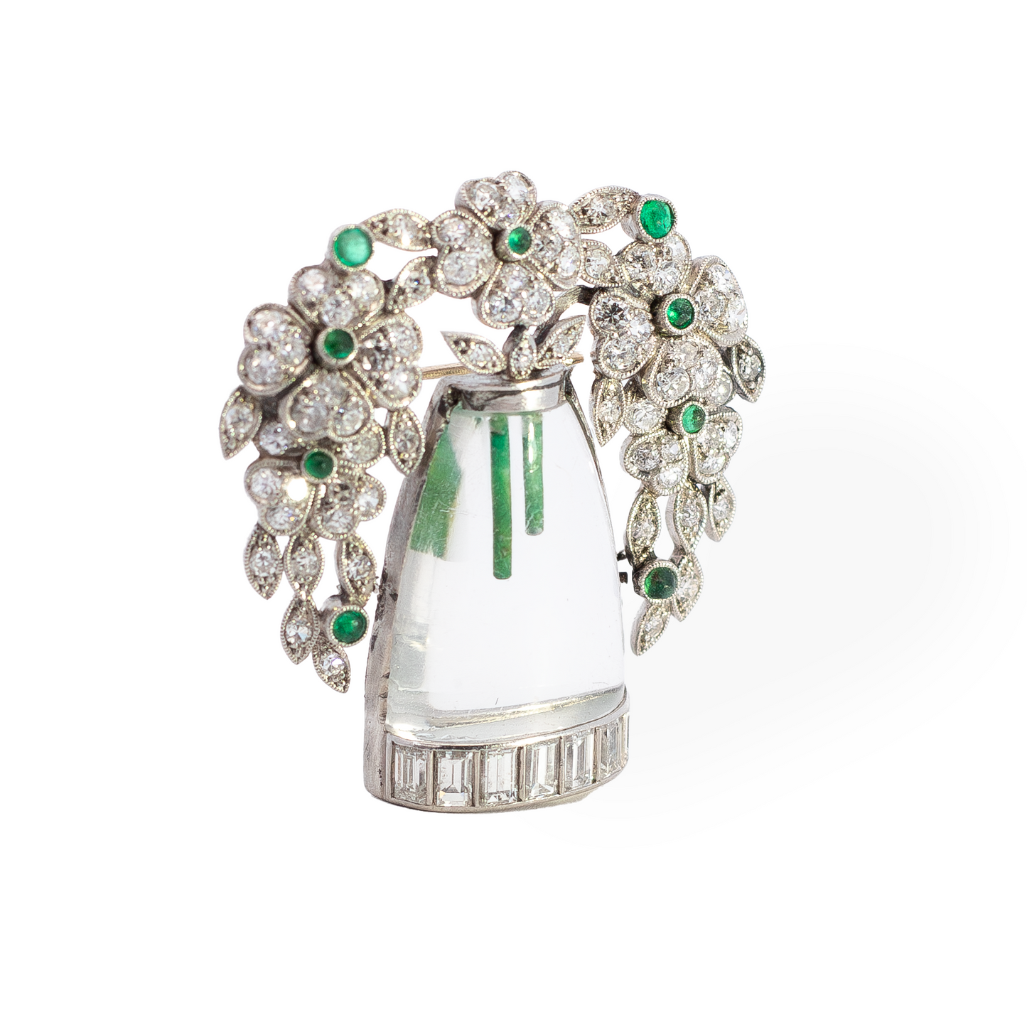 Art Deco Crystal, Emerald And Diamond Flowers In A Vase Brooch