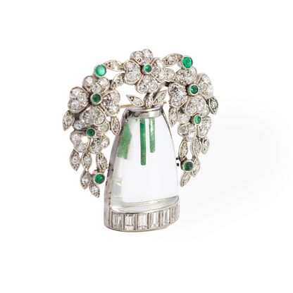 Art Deco Crystal, Emerald And Diamond Flowers In A Vase Brooch