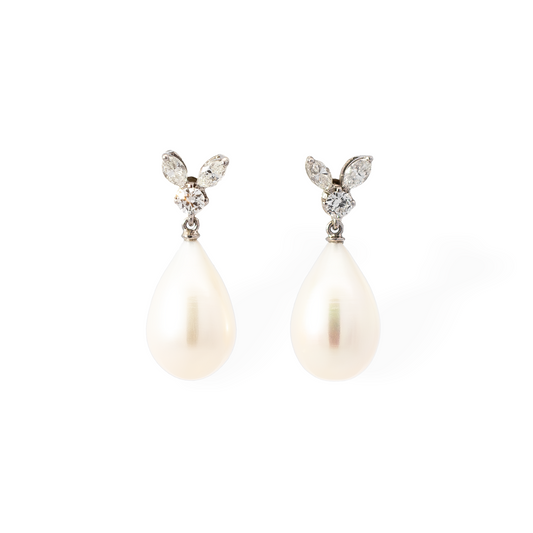 Pear Pearl And Diamond Drop Earrings