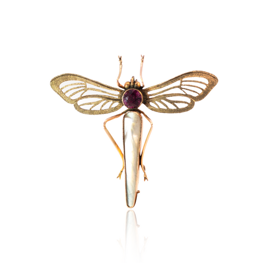 Mother of Pearl And Garnet Dragonfly Brooch