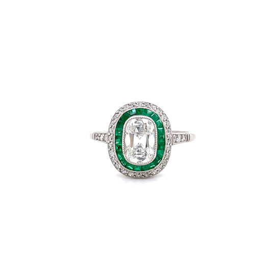 0.89ct Cushion Diamond And Emerald Target Ring