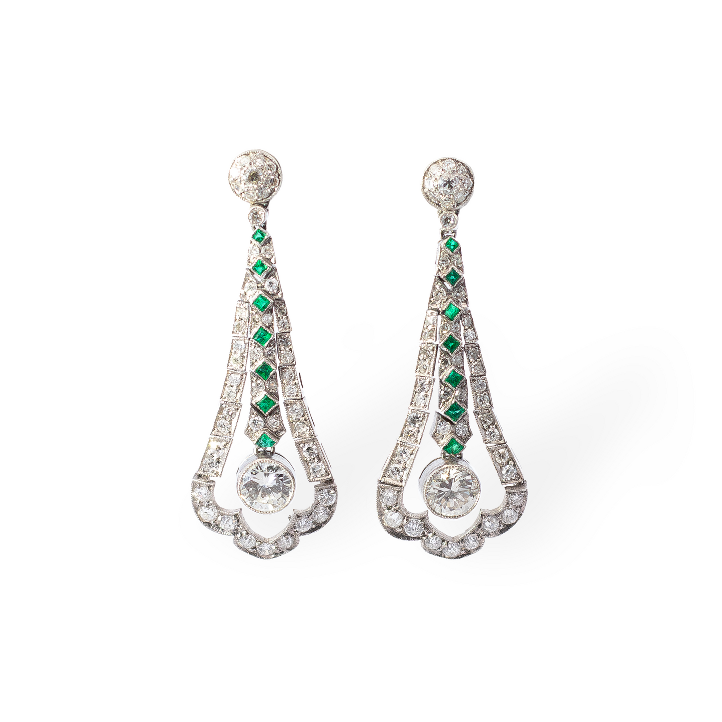 Emerald and Diamond Art Deco Fancy Drop Earrings