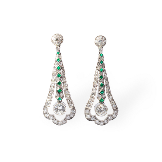 Emerald and Diamond Art Deco Fancy Drop Earrings