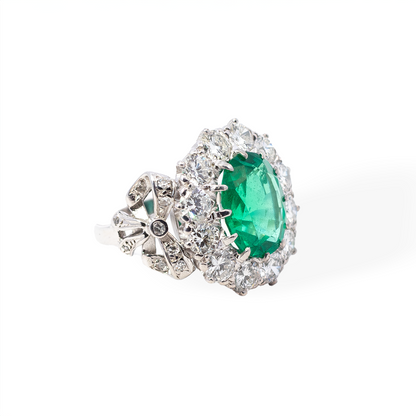 4.15ct Certified Unheated Oval Emerald And Diamond Cluster Ring
